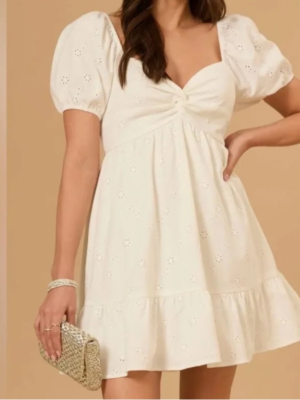 NWT. Altar'd State White embroidered Eyelet Puff-Sleeve Mini Dress
